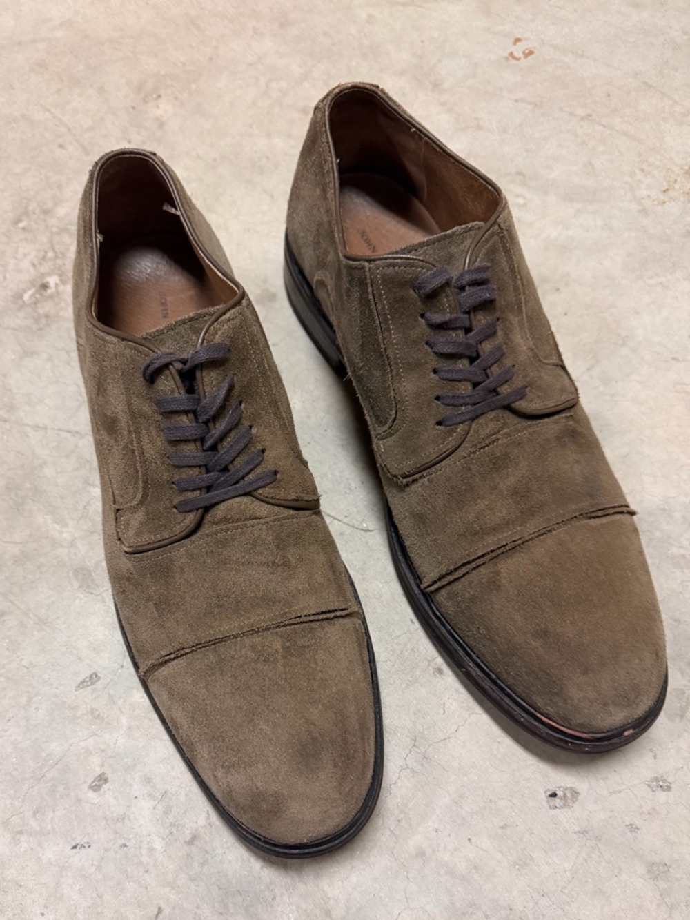 John Varvatos Olive Brown Suede Cap-Toe Derby Shoes